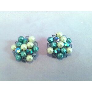 Vintage Cluster Clip-On Earrings with Faux Pearls & Blue Beads
